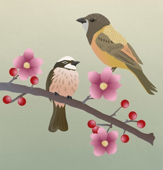 Pintura estilizada de dos pájaros